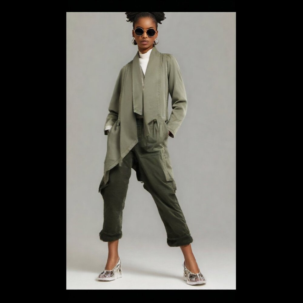 Max Jeans Vetiver Khaki Olive Green Long Drape Front Collar Boho  Jacket…